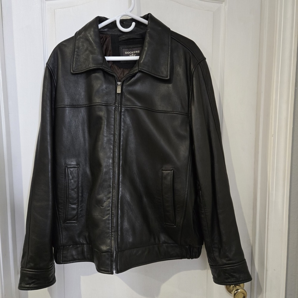 Dockers Genuine Leather Jacket Mens‎ Large Black Full Zip Motorcycle
